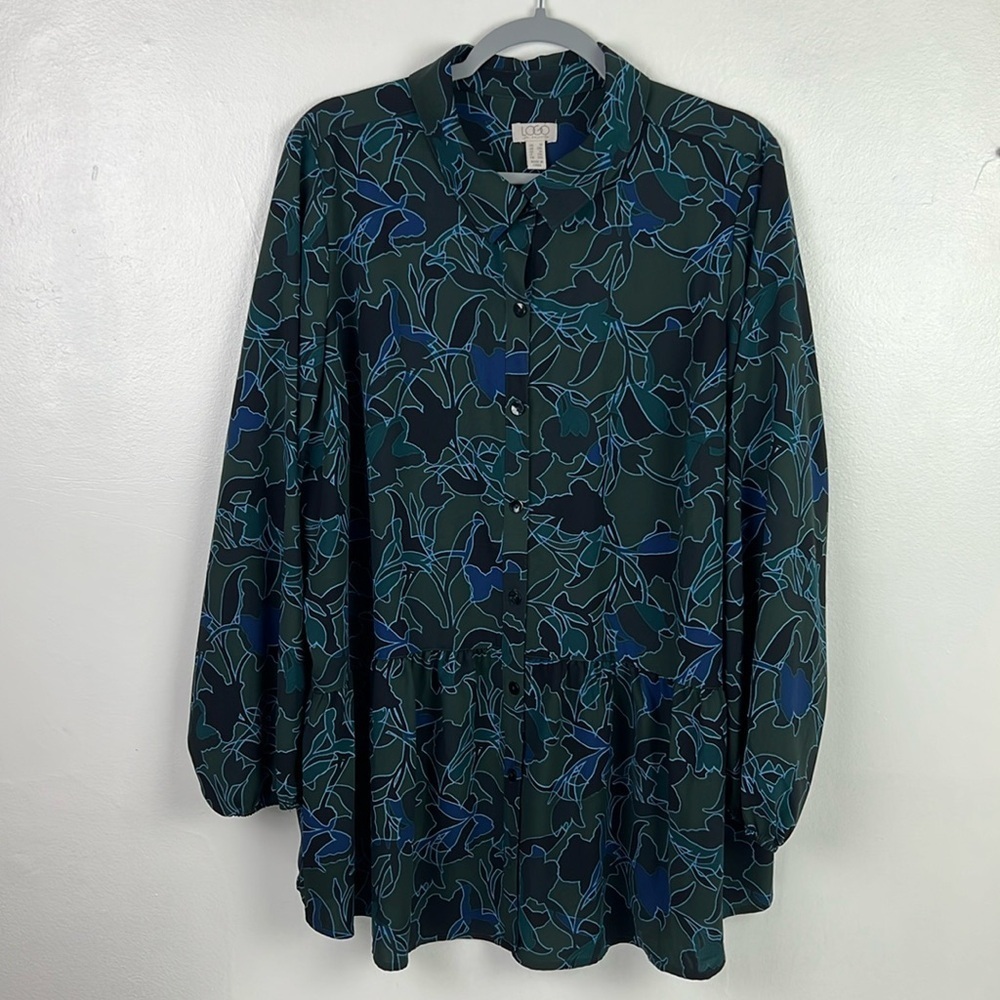 Logo By‎ Lori Goldstein Women’s 1X Button Up Long Sleeve Print Tunic Blouse
